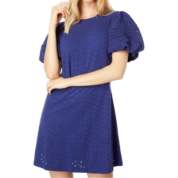 Free People Apricot Rose Dress Size Medium Living Indigo Eyelet Puff Sleeve NWT - Picture 1 of 16